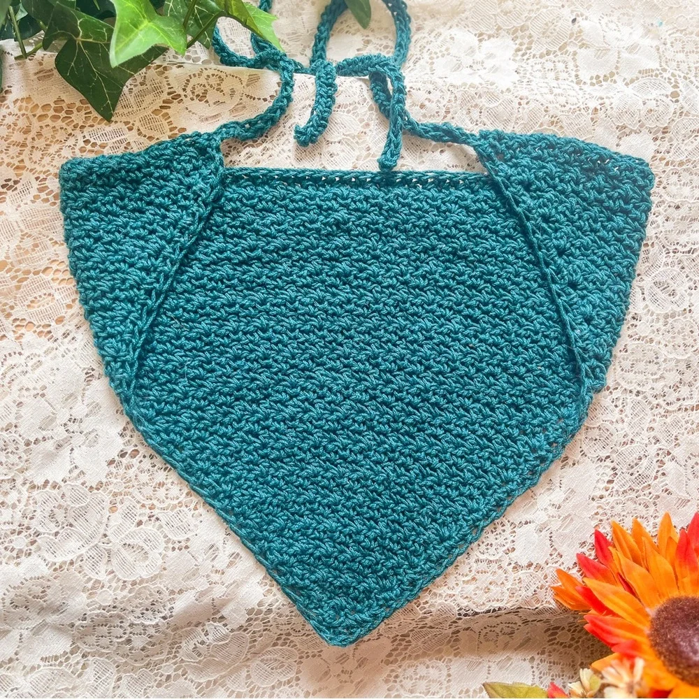 Handmade Cottagecore Teal Blue Crochet Bandana Hair Kerchief
